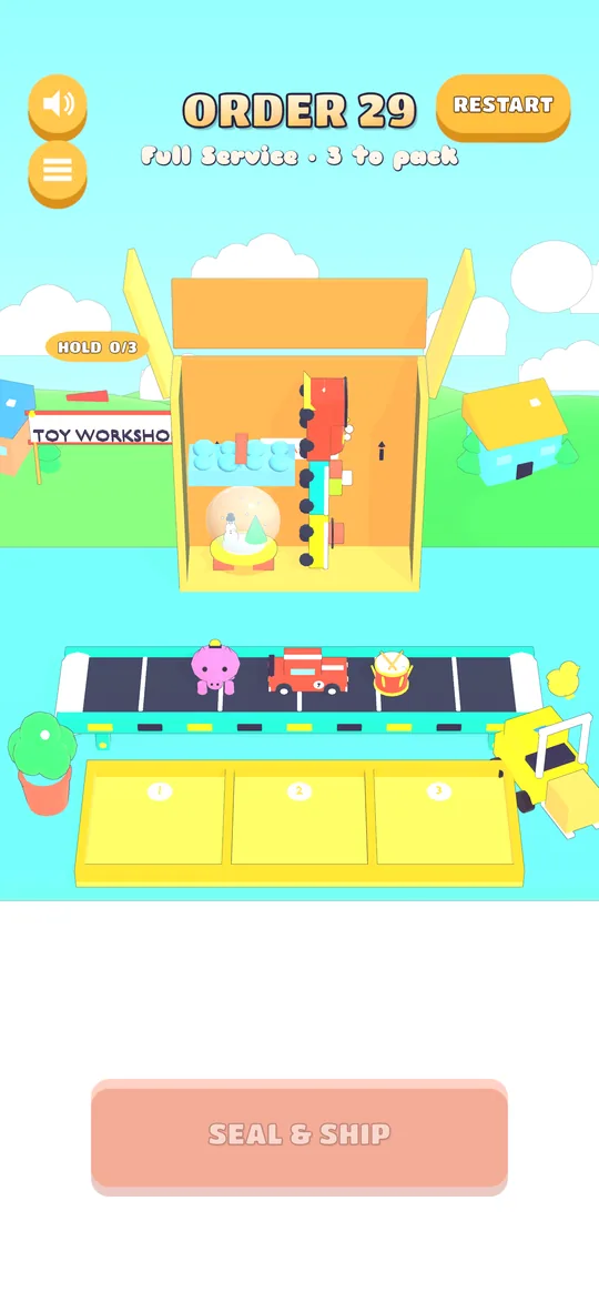 A half-packed box with toys on the belt waiting to be placed