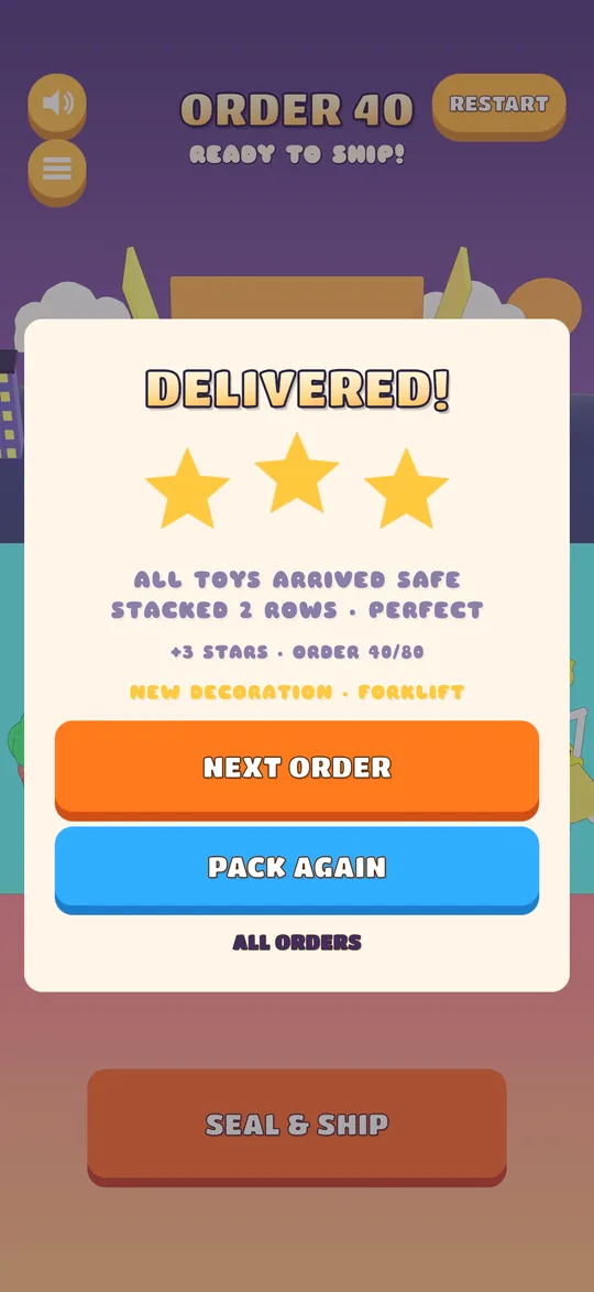 The result card showing three stars and a new decoration unlocked