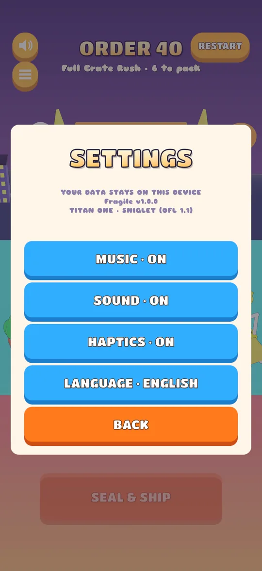 The settings card with music, sound, haptics and language switches