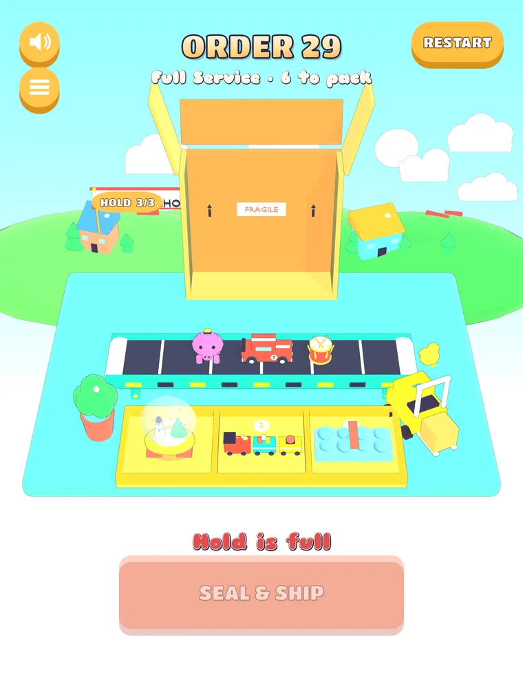 Toys being fitted into the box on a tablet screen