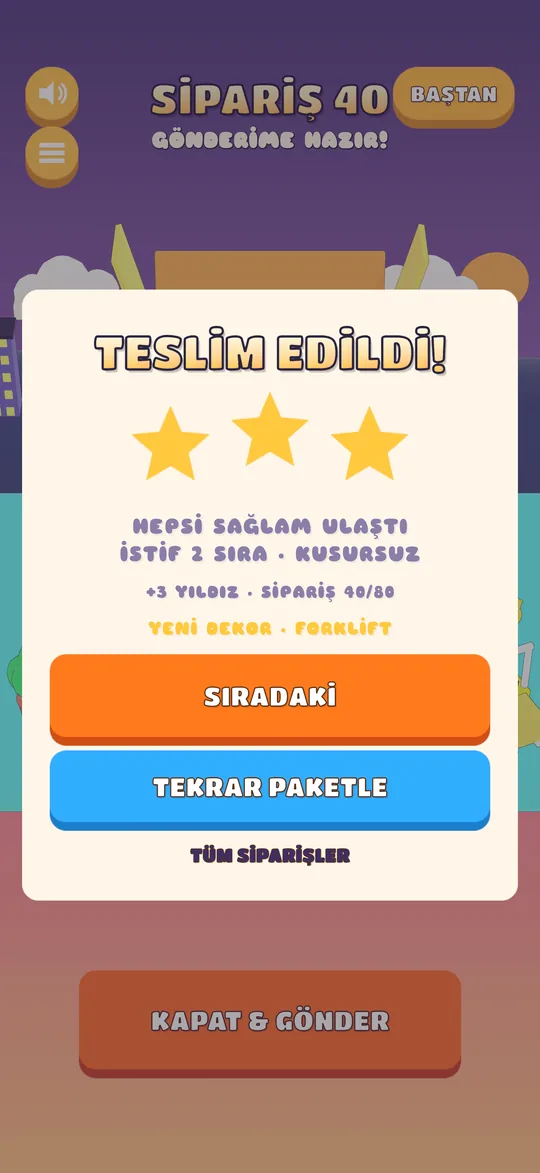 Üç yıldız ve yeni dekor bildirimi gösteren sonuç kartı