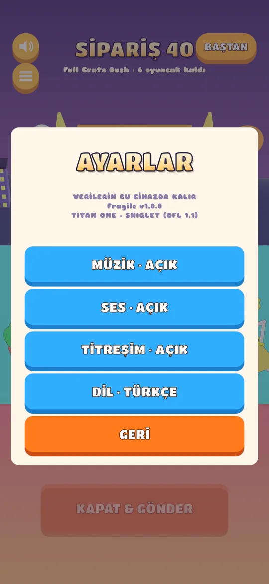 Müzik, ses, titreşim ve dil anahtarlarını içeren ayarlar kartı